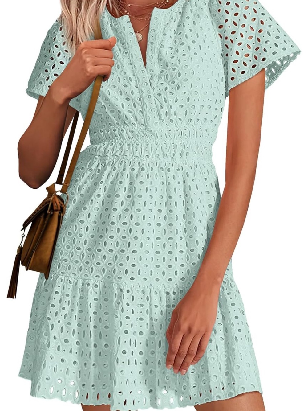 Pretty garden Eyelet V-Neck Short Sleeve Dress in Mint Green